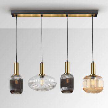 Závesná lampa Norma, 98 cm, 4 svetlá, čierna/mosadz, sklo