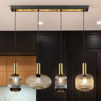Závesná lampa Norma, 98 cm, 4 svetlá, čierna/mosadz, sklo