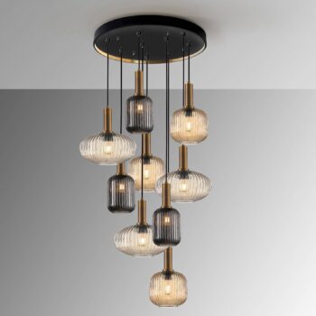 Závesná lampa Norma, Ø 80 cm, 9 svetiel, čierna/mosadz, sklo