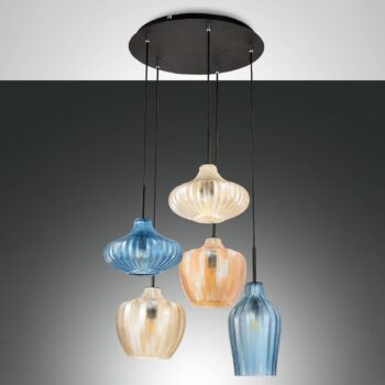 Závesná lampa Olbia, Ø 50 cm, 5 svetiel, jantárová/modrá/béžová, sklo