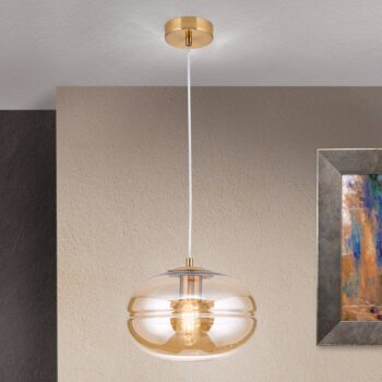 Závesná lampa Richard, kov mosadz, sklo jantár