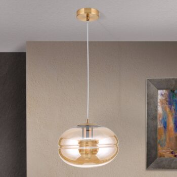 Závesná lampa Richard, kov mosadz, sklo jantár