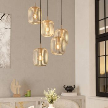 Závesná lampa Romazzina, piesková farba, oceľ, Ø 50 cm, 5 svetiel.