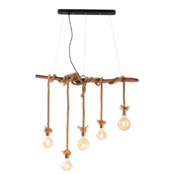 Závesná lampa Rope, 5-plameňová, z dreva a juty