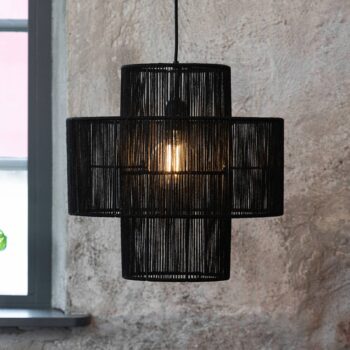 Závesná lampa Soga, zástrčka, čierna, juta, Ø 40 cm