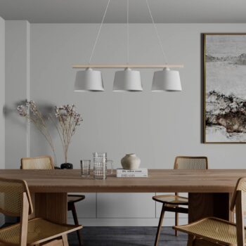 Závesná lampa Švédsko, starožitná biela/biela, textil, drevo, 3 svetlá