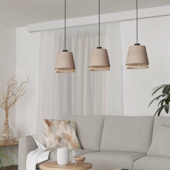Závesná lampa Tabley, čierna/prírodná farba, 89 cm, látka, 3 svetlá.
