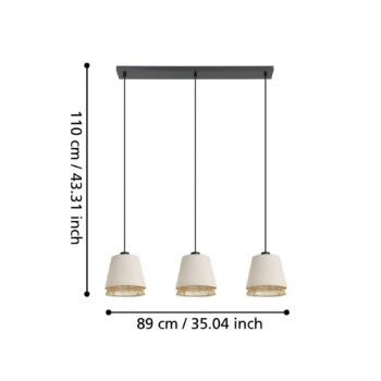 Závesná lampa Tabley, čierna/prírodná farba, 89 cm, látka, 3 svetlá.