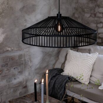 Závesná lampa Tapa, zástrčka, čierna, bambus, Ø 70 cm
