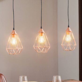 Závesná lampa Tarbes, medená, 3-pl., podlhovastá