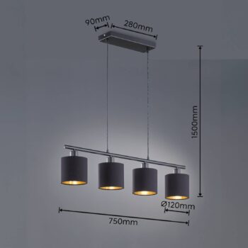 Závesná lampa Tommy, čierna/zlatá, dĺžka 75 cm, 4 svetlá, látka