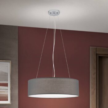 Závesná lampa Ufo so sivým látkovým tienidlom