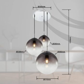 Závesná lampa Varus, dymovo sivá, Ø 51 cm, sklo, 3 svetlá.