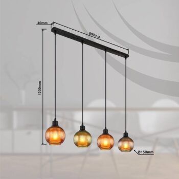 Závesná lampa Zumba, zelená/bronzová/benzínová, 90 cm, 4 svetlá, sklo
