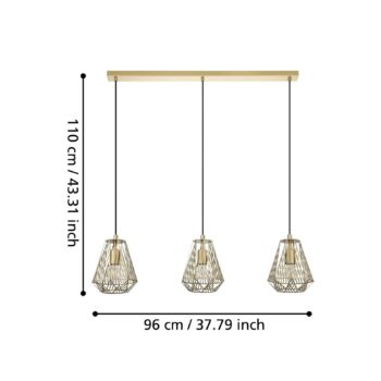 Závesná lampa typu Stype, zlatá farba, dĺžka 96 cm, oceľ, 3 svetlá.