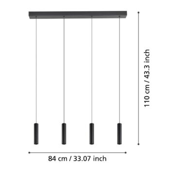 Závesné LED svietidlo Almudaina, čierne, dĺžka 84 cm, 4 svetlá,