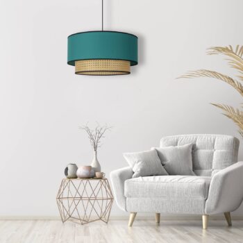 Závesné svetlo Boho ratan, textil, béžová/petrolej