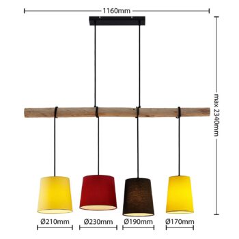 Závesné svetlo Lindby Hinai, čierna/červená/žltá, textil, 116 cm