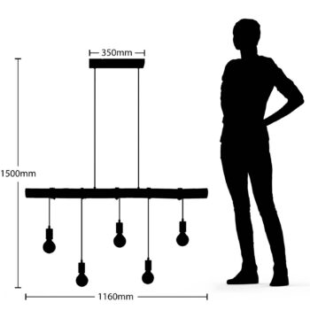 Závesné svetlo Lindby Rom, 5 svetiel, drevo, lano, čierna, 116 cm