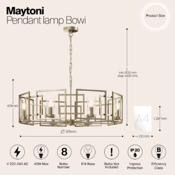 Závesné svetlo Maytoni Bowi, Ø 87,5 cm, zlatá farba, 8 x E14