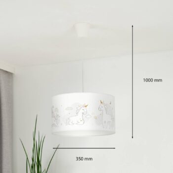 Závesné svetlo Mila, Ø 35 cm, biela, látka, jednorožce, E27