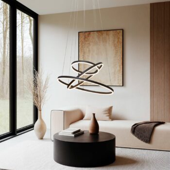 Závesné svietidlo Arcchio LED Albiona, čierne, 3 krúžky, Ø 80 cm