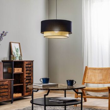 Závesné svietidlo Boho, ratan textil čierna/béžová