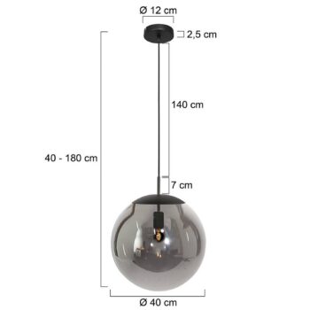 Závesné svietidlo Bollique, čierne, Ø 40 cm, sklo, 1-pl., guľa