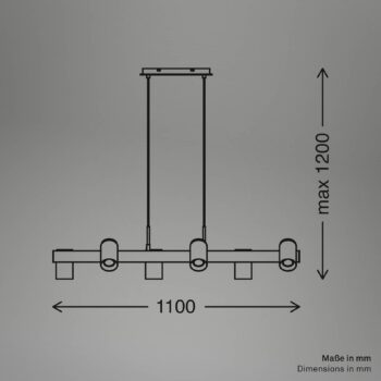 Závesné svietidlo Duta, dĺžka 110 cm, čierna matná, kov 6-pl.