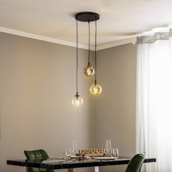 Závesné svietidlo Glassy, 3-pl., okrúhle, grafit/jantar/číre, sklo