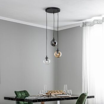 Závesné svietidlo Glassy, 3-pl., okrúhle, grafit/jantar/číre, sklo