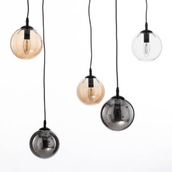 Závesné svietidlo Glassy, 5-pl., čierne, grafit/jantar/číre, E14