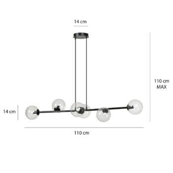 Závesné svietidlo Glassy, 6-pl., čierne, číre, sklo, 110 cm