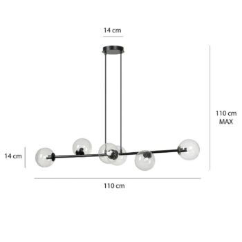 Závesné svietidlo Glassy, 6-pl., čierne, číre, sklo, 110 cm