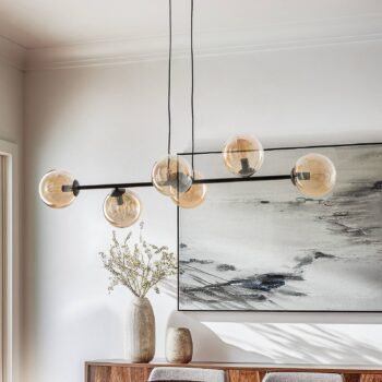 Závesné svietidlo Glassy, 6-pl., čierne, jantárové, sklo, 110 cm