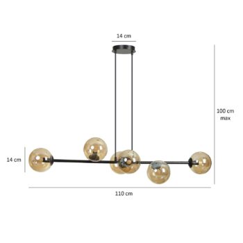 Závesné svietidlo Glassy, 6-pl., čierne, jantárové, sklo, 110 cm