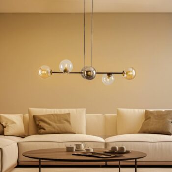 Závesné svietidlo Glassy, 6-pl., grafit/ambra/číre, sklo, 110 cm