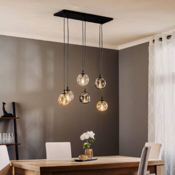 Závesné svietidlo Glassy, 6-pl., grafit/jantar/číre, sklo, 75 cm