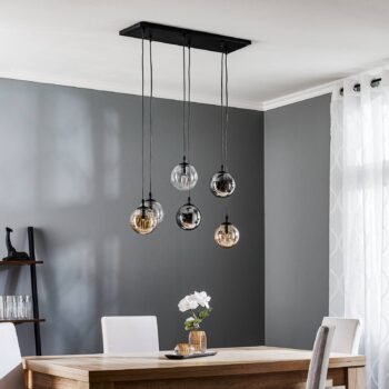Závesné svietidlo Glassy, 6-pl., grafit/jantar/číre, sklo, 75 cm
