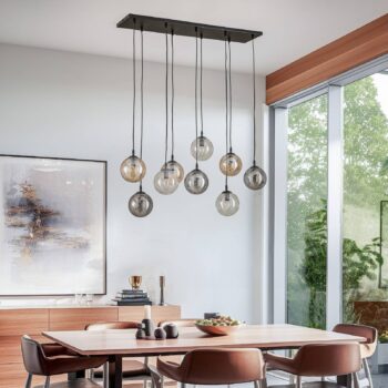 Závesné svietidlo Glassy, 9-pl., čierne, grafit/jantar/čiré, E14