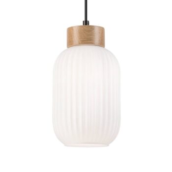 Závesné svietidlo Harmony, Ø 14 cm, biela/dub, sklo/drevo