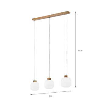 Závesné svietidlo Harmony, dĺžka 110 cm, opálové sklo dubové drevo 3 svetlá.