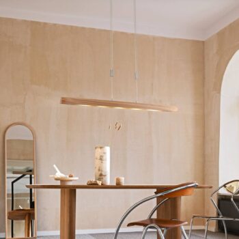 Závesné svietidlo LED Shine-Wood, dubové drevo/nikel, 106 cm, CCT