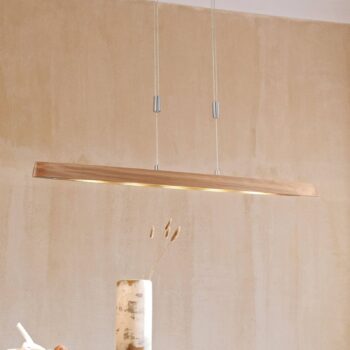 Závesné svietidlo LED Shine-Wood, dubové drevo/nikel, 106 cm, CCT