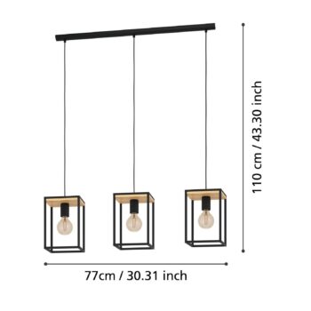 Závesné svietidlo Libertad, dĺžka 88 cm, čierna/drevo, 3 svetlá.