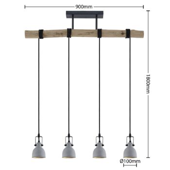 Závesné svietidlo Lindby Amilia, drevo/betón, 4 svetlá, 90 cm, GU10