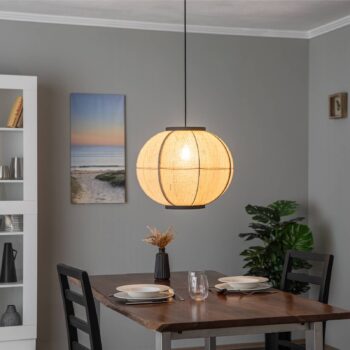 Závesné svietidlo Lindby Aurinil, farba dreva, ľan, Ø 48 cm, E27