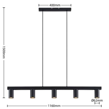 Závesné svietidlo Lindby Baliko, čierne, 116 cm, 5 svetiel, GU10
