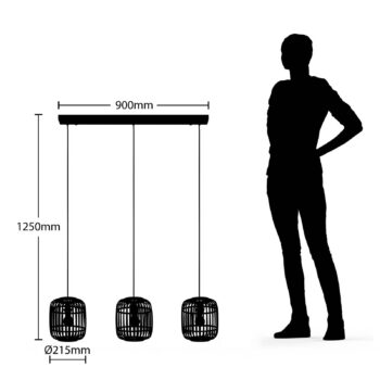 Závesné svietidlo Lindby Canyana, čierne, 3 svetlá, ratan, 105 cm