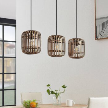 Závesné svietidlo Lindby Canyana, prírodné, 3 svetlá, ratan, 105 cm